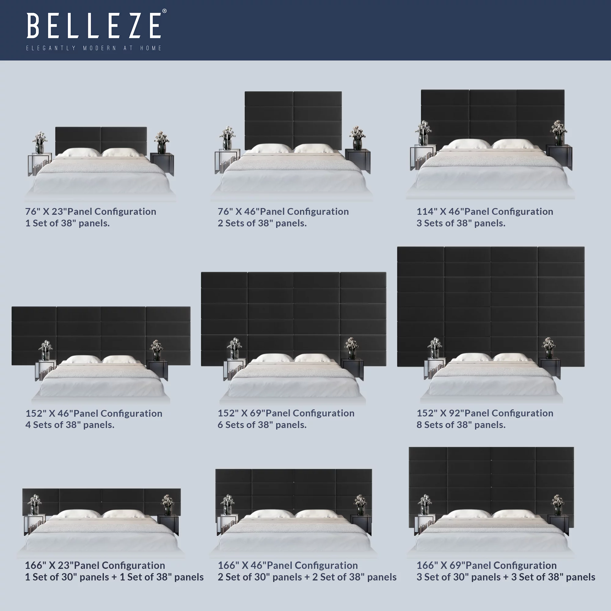 Upholstered Wall Panels Headboards - Pack of 4 Panels, Black (Each Panel 38" x 11.5")