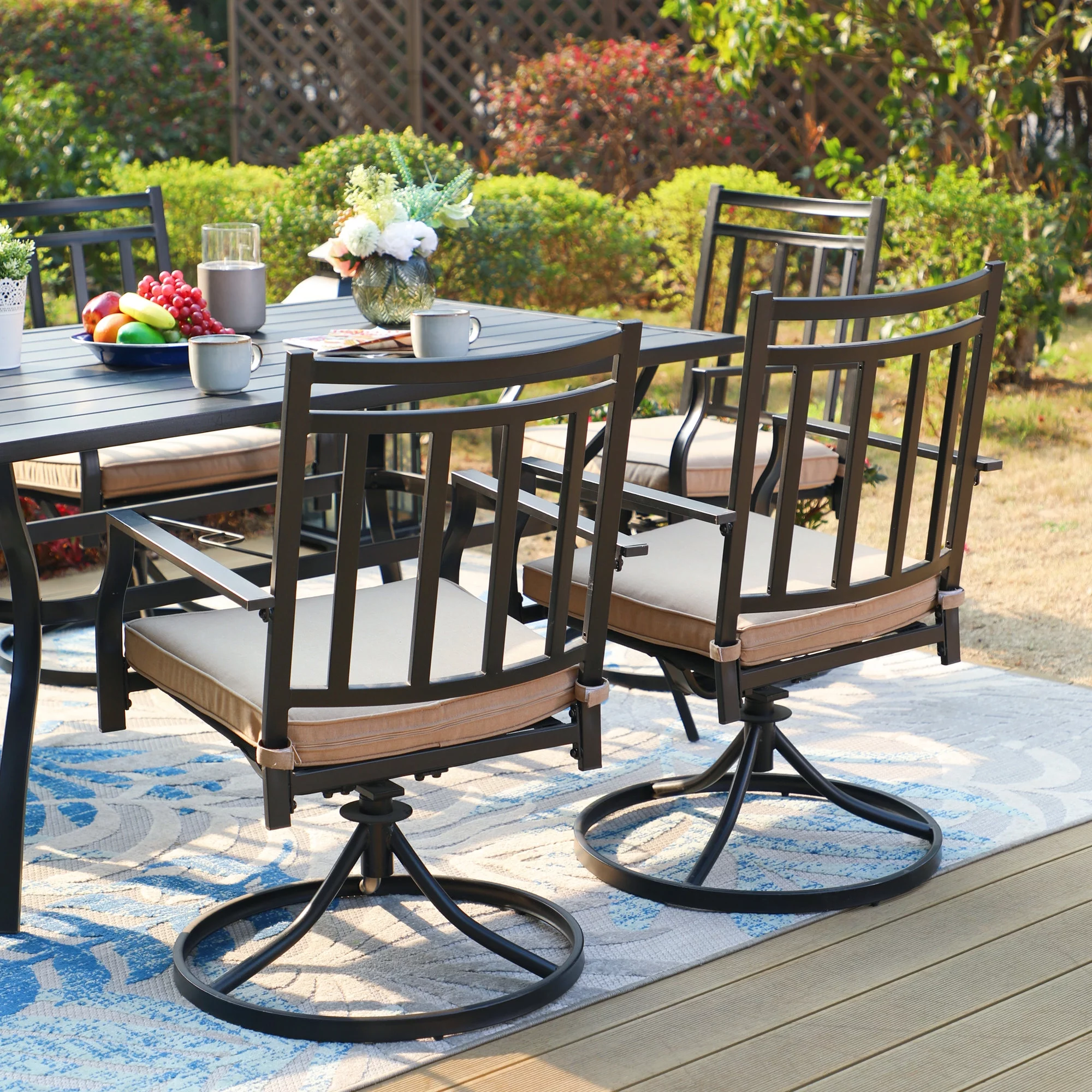 MF Studio 7-Piece Outdoor Dining Set with Swivel Cushioned Chairs & Rectangle Table for 6-Person, Black & Beige