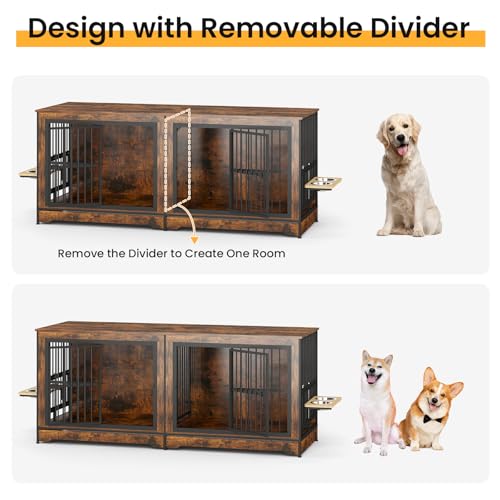 86 Inch Double Dog Crate Furniture with Divider, 4 Combination Forms Large Dog Kennel Furniture for 2 Dogs, Rustic Brown Corner Dog Kennel for Small Medium Large Dogs