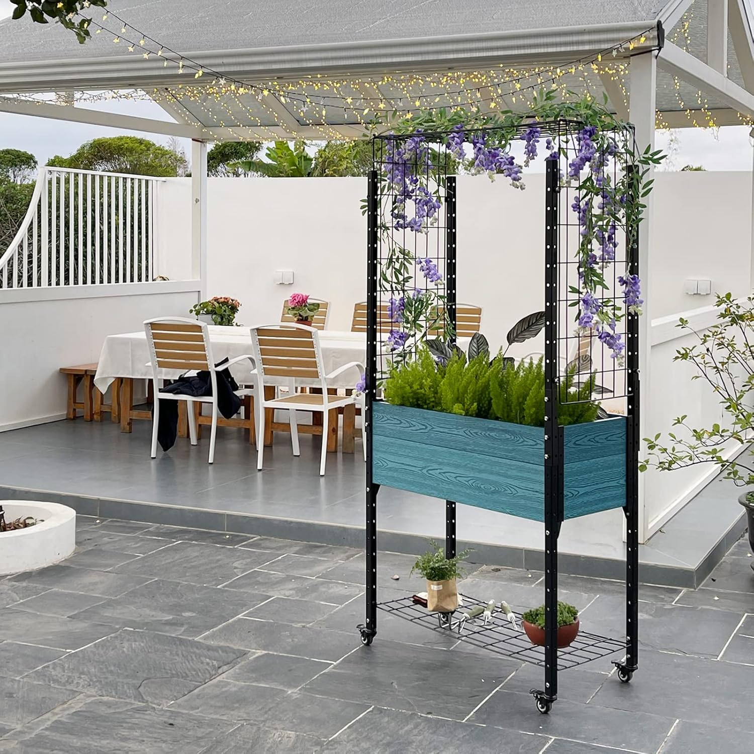 Self Watering Planter Box on Wheels: Raised Bed Planter with Trellis, Mobile Design and Unique Aged Blue Finish - Perfect for Gardeners, Designers, and Architects