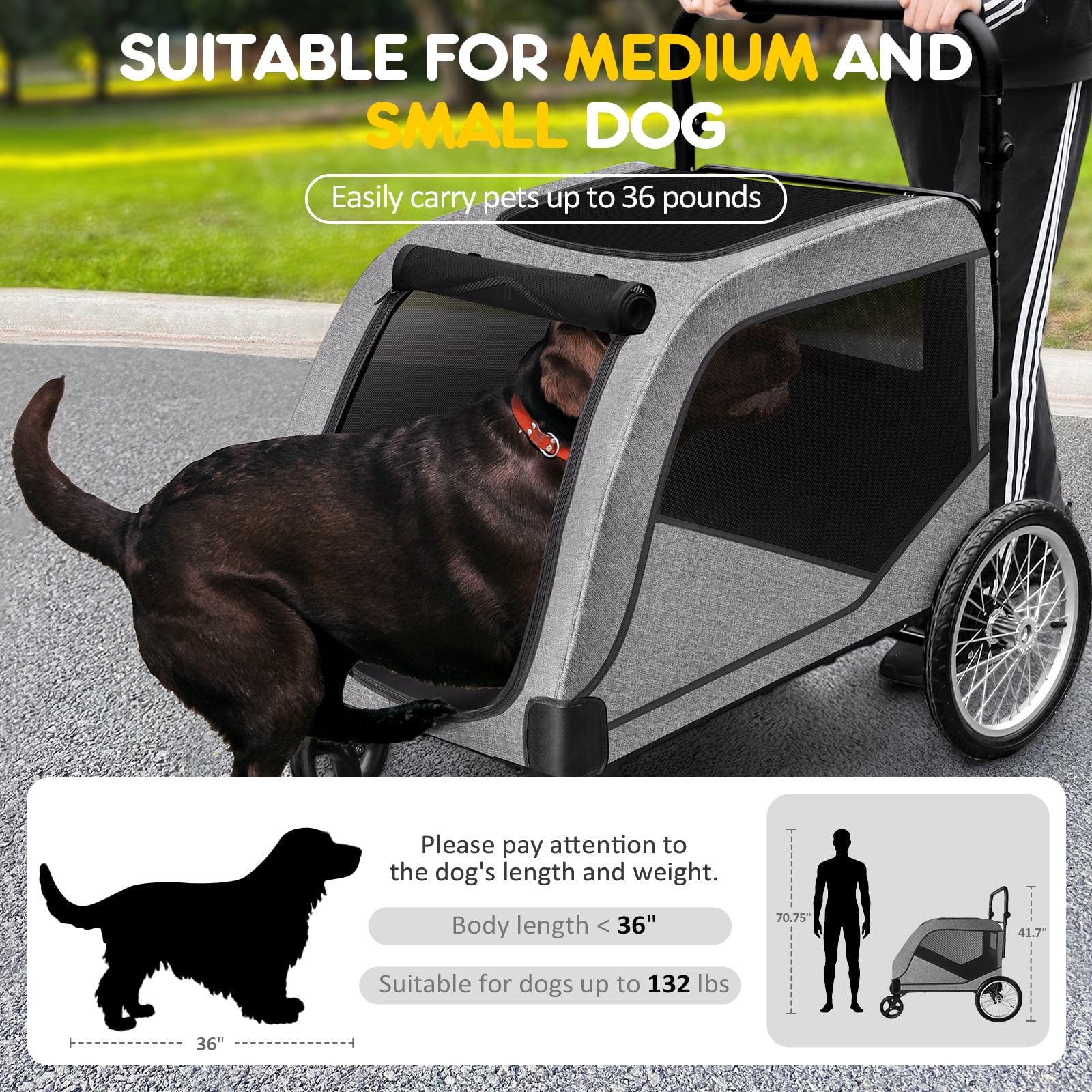 TOFUUMI 4 Wheel Dog Stroller, Folding Pet Stroller for Large Dogs,Up to 132 lbs, Gray - Curated Treasures Market