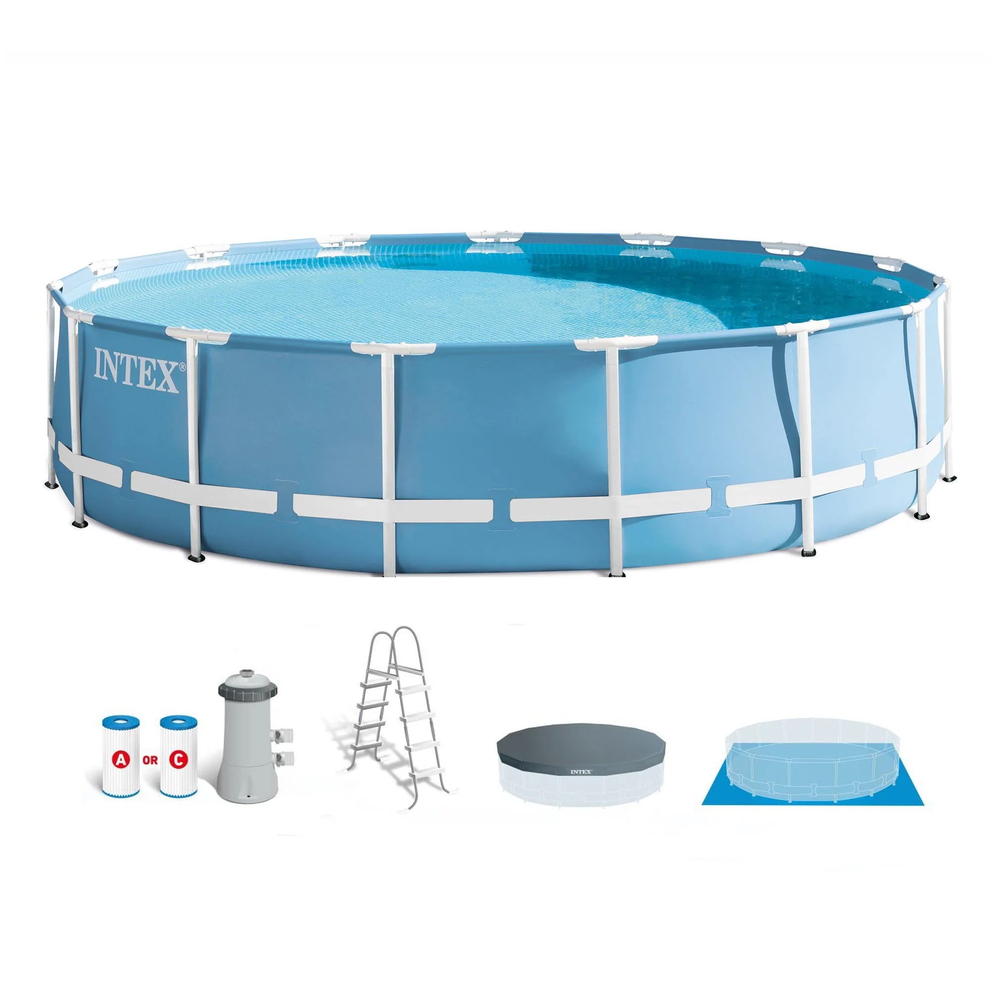 Intex 15 Feet x 48 Inches Prism Frame Swimming Pool Set w/ Ladder, Cover, & Pump
