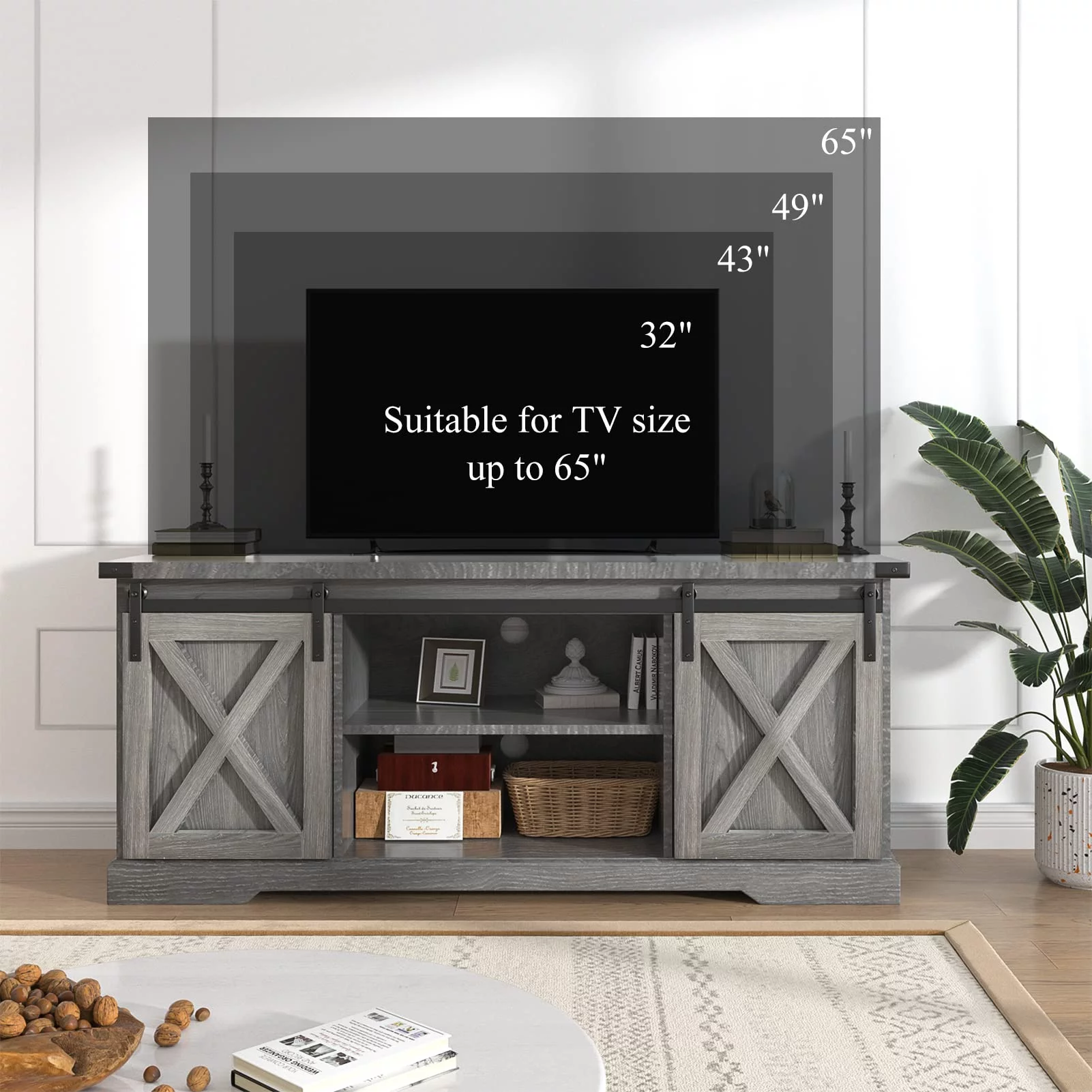 Chvans Farmhouse Barn Door TV Stand for up to 65 TVs /23 Electric Fireplace, Entertainment Center Console Table with Adjustable Shevles(58)
