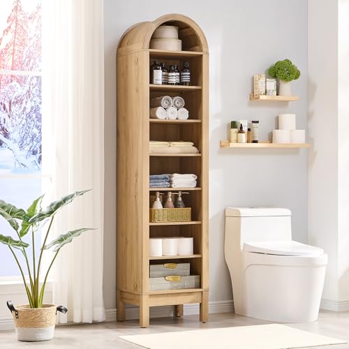71" Tall Arched Bookshelf, 7 Tiers Arch Bookcase with Storage, Modern Farmhouse Book Shelf with Adjustable Shelves, Wood Bookshelf w/Open Display Shelves for Living Room, Office (Natural)