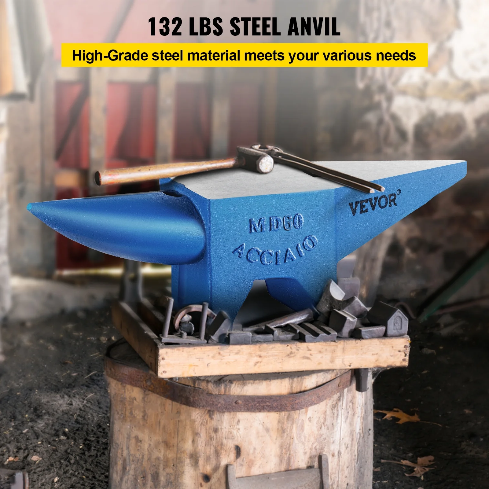 VEVOR 123lbs Single Horn Cast Steel Blacksmith Anvil, Forge Tools for Metal Working