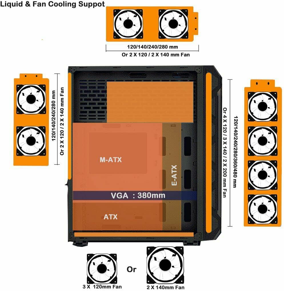 A17 Series Phoenix Full-Tower E-ATX/ATX/M-ATX Computer Gaming Case with 3-Sided Reinforced Glass, USB 3.0, 6 ARG Light-Emitting 12cm Fans with 1 ARGB Fan Controller