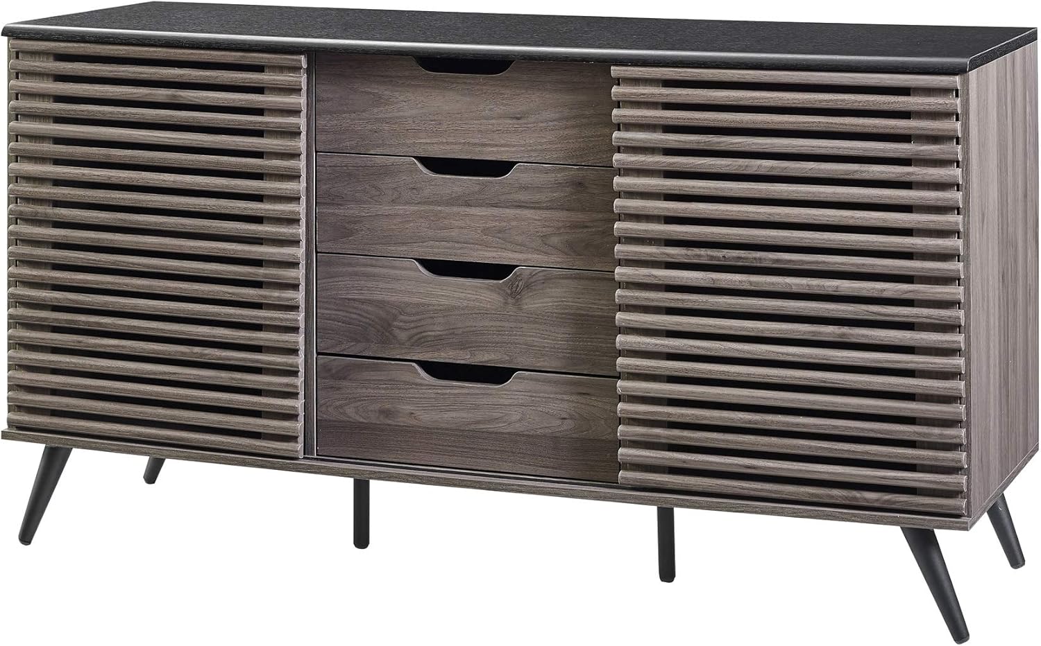 Walker Edison Modern 4 Drawer Sliding Door Wood Cabinet Buffet Entryway Serving Storage Cabinet Doors Dining Room Console, 59 Inch, Black and Slate Grey