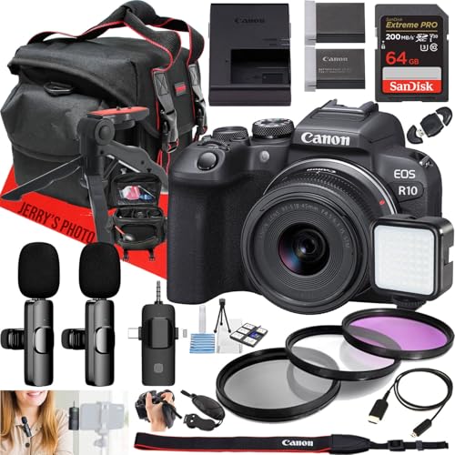 Canon EOS R10 Mirrorless Camera with RF-S 18-45mm f/4.5-6.3 is STM Lens + Dual Wireles Microphones + 64 GB Memory + Extra Battery + LED Light + More (Content Creator Bundle) (Renewed)