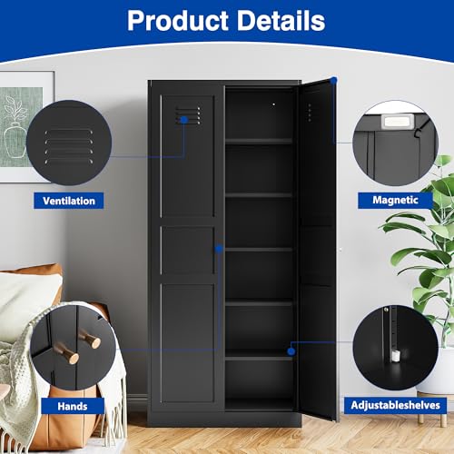 Kitchen Pantry Storage Cabinet with Adjustable Shelves Metal Cupboard Storage Cabinet with Adjustable Feet Pantry Cabinet for Kitchen, Living Room Dinning Room Bathroom. (Black, 61 inch)