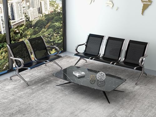 Kinsuite Waiting Room Bench Reception Chairs - Waiting Room Chairs Set of 2 with Arms 3-Seat PU Airport Reception Bench, Waiting Room Bench for Business Hospital Market, Black