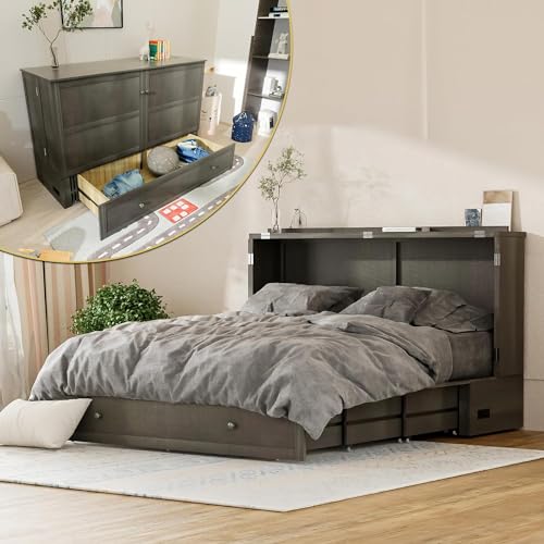 Murphy Bed Queen Cabinet, Pine Wood Murphy Bed,Queen Cabinet Bed with Mattress,Storage Drawer, USB Charging Station,14pcs Auxiliary Wheels for Living Room Apartment (Grey for Queen Size)
