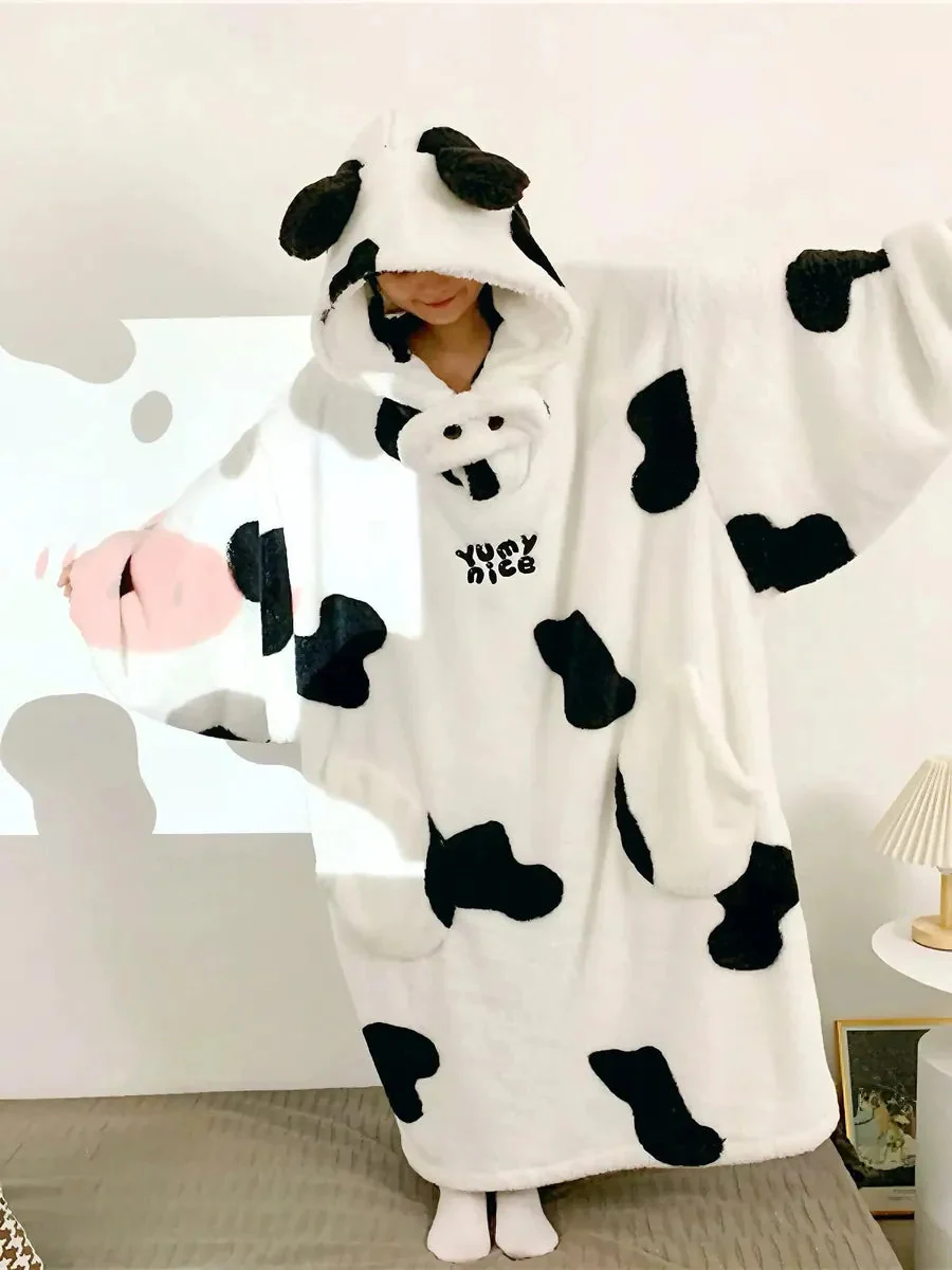 'Cutie Cow' Kawaii Fleeced Cow Prints Fluffy Pjms Rope