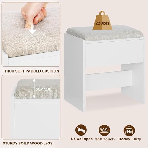 Quimoo Vanity Desk Set with LED Tri-Fold Lighted Mirror & Power Outlet, Makeup Vanity Table with 4 Drawers, Cushioned Stool, for Bedroom, Bathroom, White