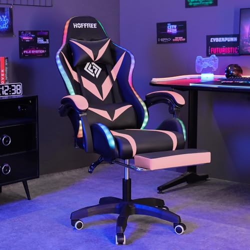 HOFFREE Gaming Chair Massage with Bluetooth Speakers and Led Lights Ergonomic Computer Gaming Chair with Footrest RGB Video Game Chair with High Back Lumbar Support Blue and Black