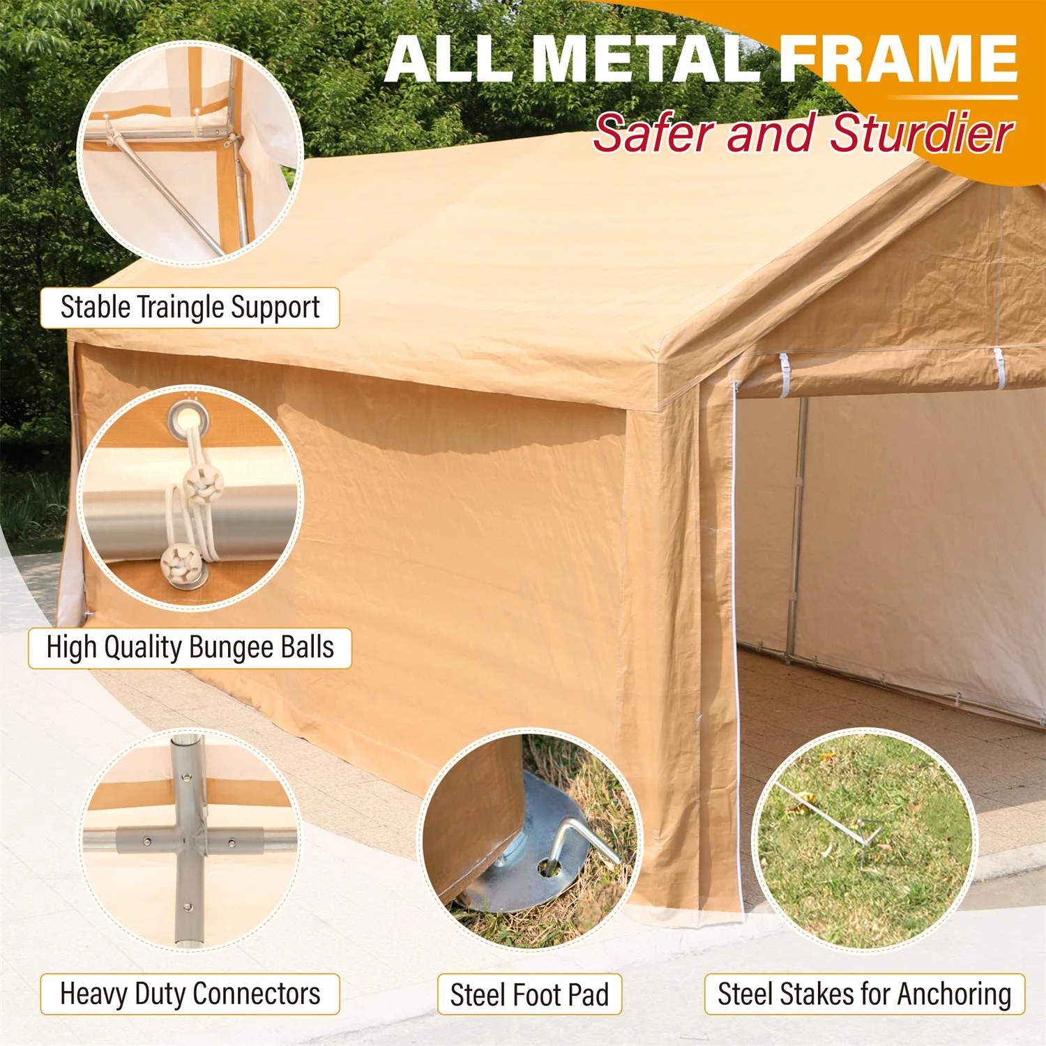 MF Studio 10' X 20’Carport Heavy Duty Car Canopy Galvanized Car Boat Shelter with Removable Sidewalls and Doors Beige