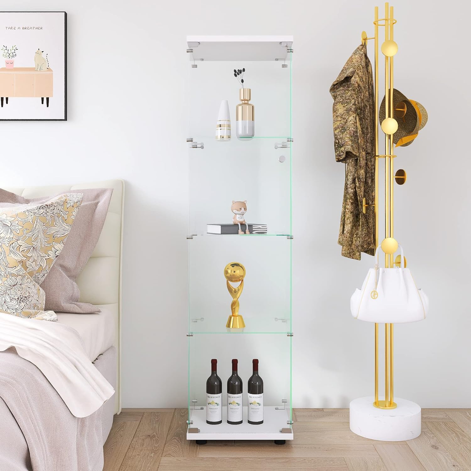 4-Shelf Glass Display Cabinet with Door and Lock, Upgraded Quick-Install Style Curio Cabinets 5mm Tempered Glass Floor Standing Bookshelf for Bedroom, Living Room 64.7”x 16.7”x 14.3” White