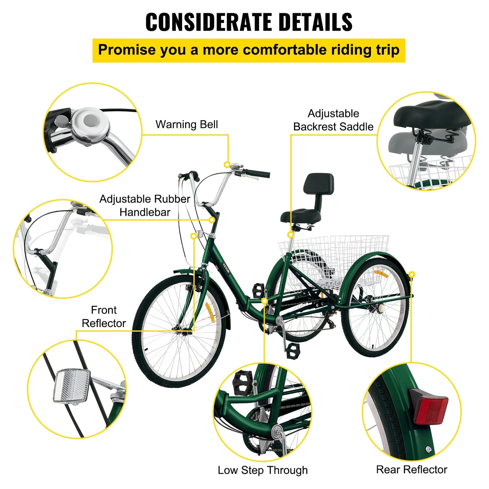 VEVOR Foldable Adult Tricycle 24" Wheels,7-Speed 3 Wheels Trike for Exercise Shopping Picnic Outdoor Activities, Green