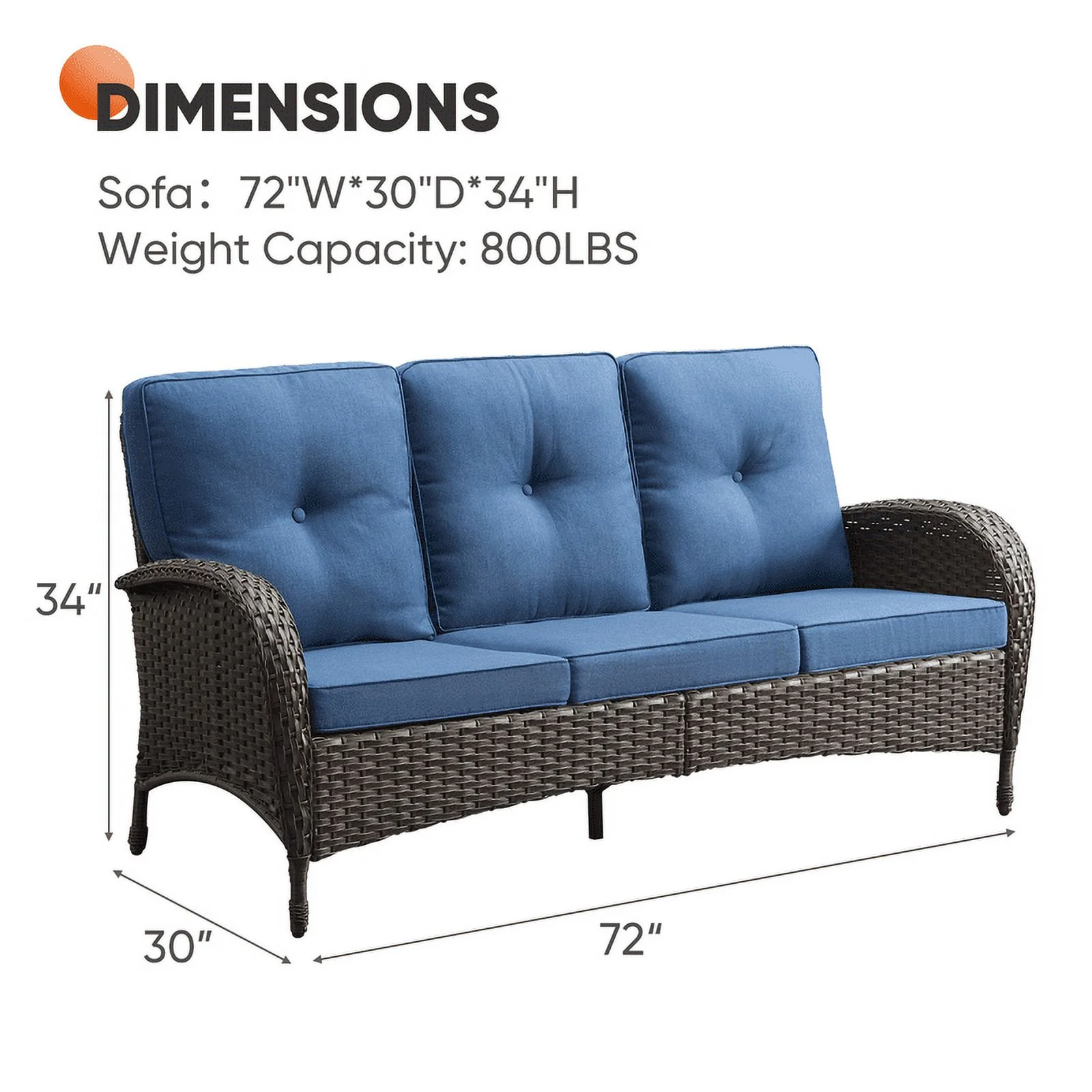 PARKWELL Outdoor 3 Seats Patio Sofa Furniture, All-Weather Wicker Rattan Couch with Removable Cushions,Blue - Curated Treasures Market