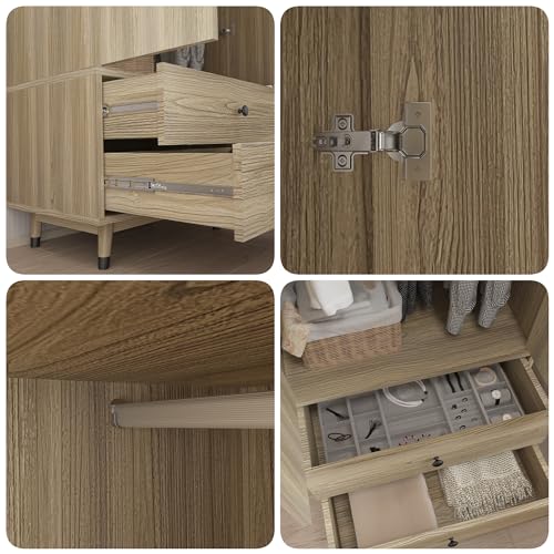 4 Door Armoire Wardrobe Closet Cabinet with 2 Drawers, Wood Bedroom Wardrobe Cabinet with Adjustable Shelves and Hanging Rod, Large Capacity Storage Wardrobe Armoire for Bedroom (Oak 3)