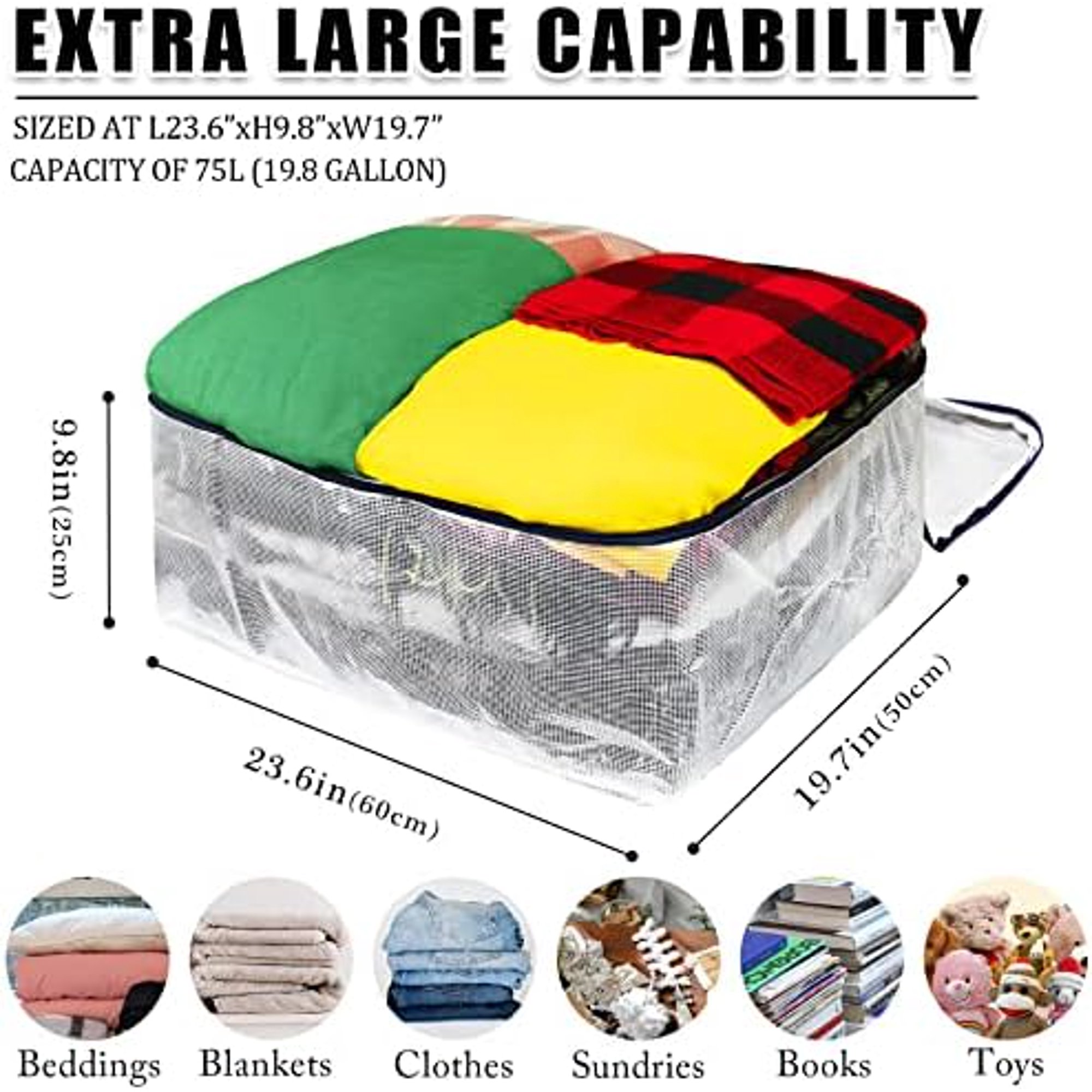 Clear Storage Bags with Zipper, 75L Extra Large Capacity - Closet, Underbed Storage Organizer for Clothes, Bedding, Comforter, Toys, Pillow &amp; Blanket (2)