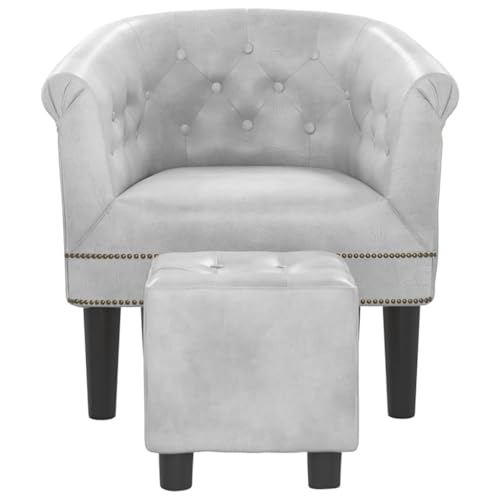 Tub Chair with Footstool Silver Faux Leather,Elegant Silver Tub Chair with Footstool: for Home or Office Living Room Furniture