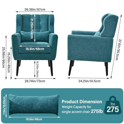 Modern Accent Chair Set of 2,Upholstered Foam Filled Living Room Chairs,Comfy Reading Chair,Mid Century Modern Chair with Chenille Fabric,Lounge Arm Chairs Armchair for Living Room Bedroom (Dark Blue)