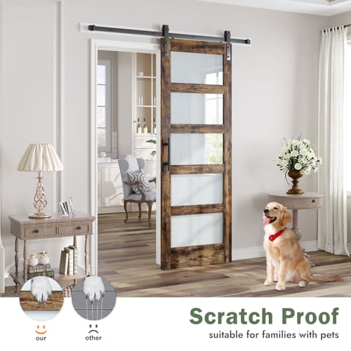 36x84 Inch Glass Sliding Barn Door Slab and 6.6ft Hardware Kit Included, 5 Frosted Glass, LVL Wood Panel Covered with White Water-Proof Scratch-Proof PVC Surface, Simple DIY Assembly