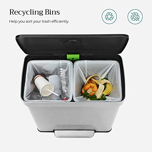 SONGMICS Kitchen Trash Can, 16 Gallons (2 x 8 Gallons) Dual Compartment Garbage Can, 60L Pedal Recycling Bin, Stay-Open Lid and Soft Closure, Stainless Steel, 15 Bags Included, Silver ULTB202E01