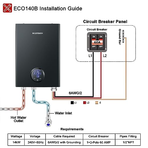 Tankless Water Heater Electric, ECOTOUCH 240V Point-of-Use Hot Water Heater Digital Display,On Demand Instant Hot Water Heater with Self-modulating,Overheating Protection