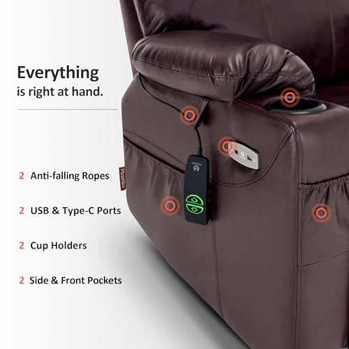 MCombo Power Lift Recliner Chair for Elderly, Lift Chair with Heat and Massage, FSC Certified, USB Ports, Cup Holders, Faux Leather 7040 (Black, Medium)