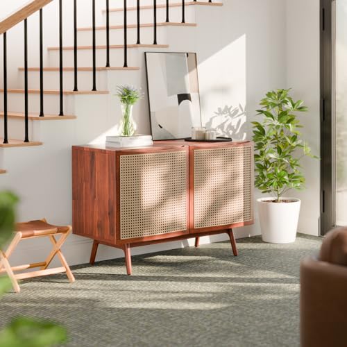 Bme Nancy Solid Acacia Wood Coffee Table for Living Room, Spacious Oval-Shaped 237 Lbs Top Capacity, Rattan Shelf Below, Mid Century, Rustic and Modern Style Living Room Furniture, Dark Chocolate