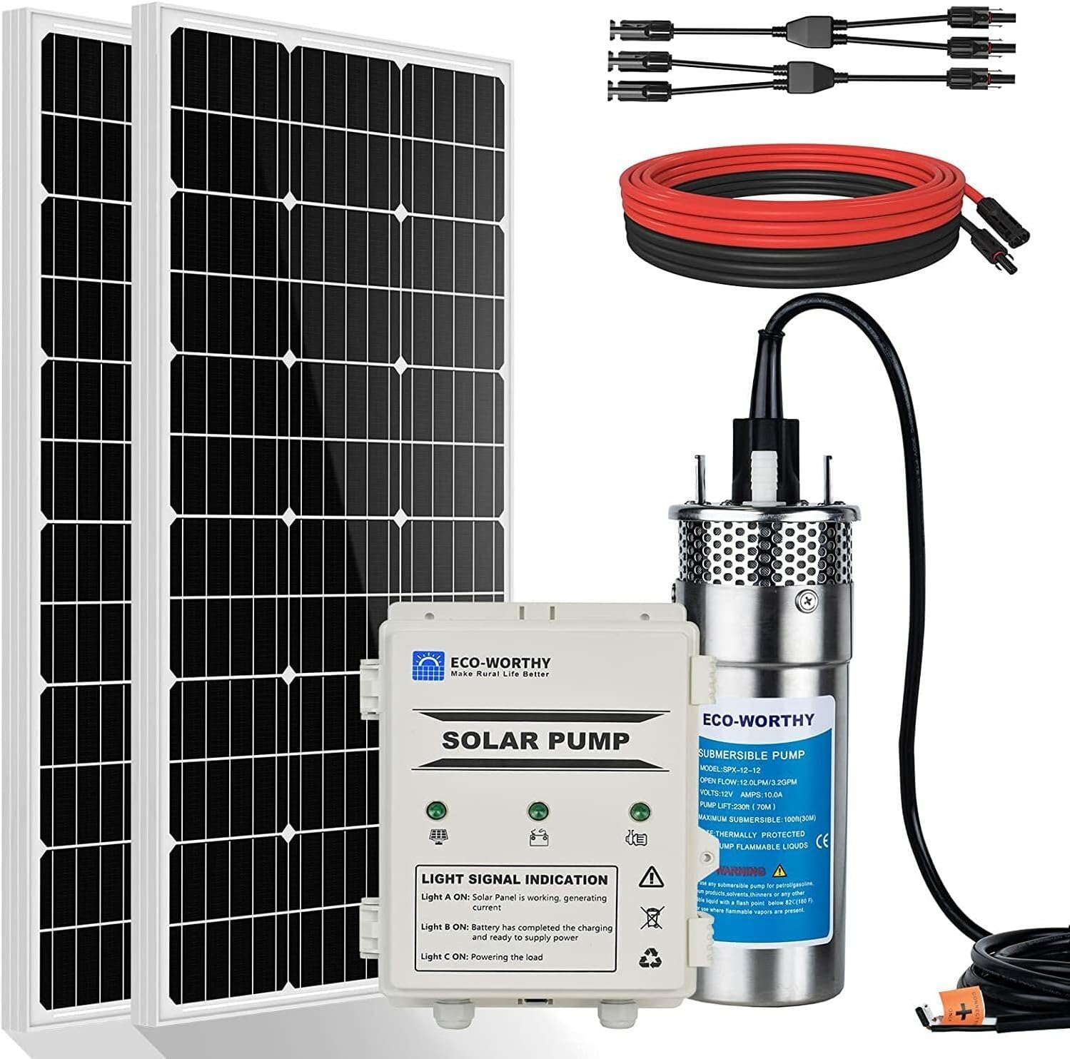 ECO-WORTHY Solar Deep Well Water Pump Kit 12V DC Submersible Water Pump with 2pcs 100W Mono Solar Panel 10AH Battery Controller for Well Pond Home Farm Stainless Steel- DELIVERY IN 3 PACKAGES