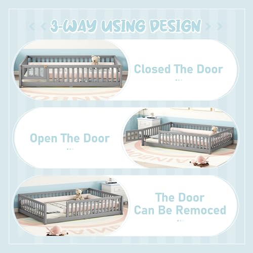 Full Size Montessori Floor Bed with Safety Fence and Door, Solid Wooden Kid Toddler Bedframe, Floor-Bed-Frame for Children Bedroom, Boys Girls, Kids Playroom, Gray