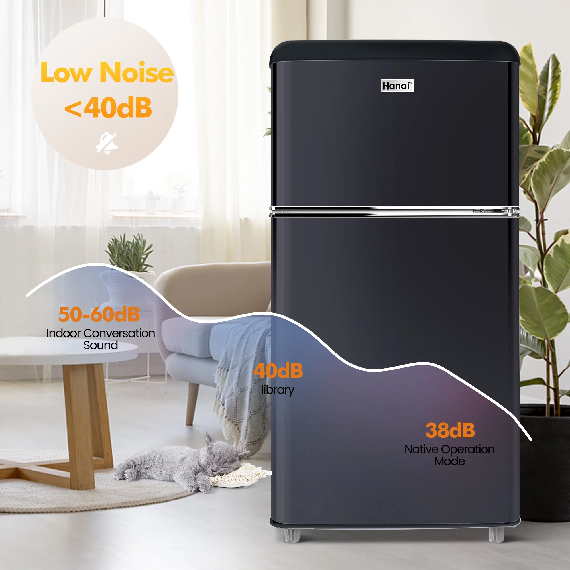 WANAI 3.5 Cu Feet Two Door Mini Fridge with Freezer,Black