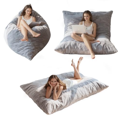 BYBYME 3 in 1 Bean Bag Chairs, Bean Bag Bed for Adults High-Density Foam Filling, Convertible Sofa Bed Faux Fur, Giant Bean Bag Chairs for Adults
