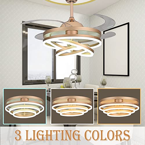 42" Invisible Ceiling Fan Chandelier Light,Modern DIY Ceiling Fan Light Remote Control 4 Retractable ABS Blades for Bedroom Living Dining Room Decoration (42", Gold)