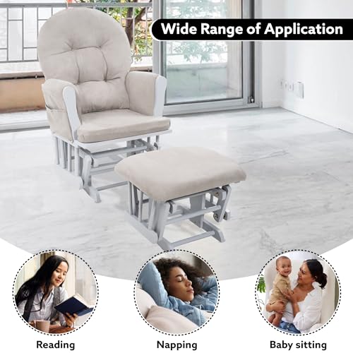 Naomi Home Nursery Glider & Ottoman Sets, Reclining Glider Rocker with Ottoman, Nursery Rocking Breastfeeding Maternity Chair for Baby Room, Recliner Glider with Ottoman, Padded Arms - White, Gray