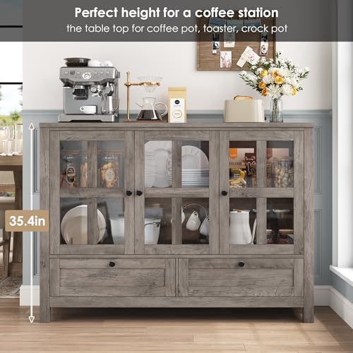 Keyluv Buffet Cabinet Wood/Glass Sideboard Storage Cabinet with 3 Doors and 2 Drawers, 47.2 inches Kitchen Buffet Table for Dining Room, Living Room, Entryway, Rustic