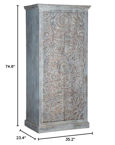 Shabby Chic White Carved Wardrobe - Solid Wood, 35.2" W x 23.4" D x 74.6" H Inches,Solid Wood Wardrobe,White Armoire