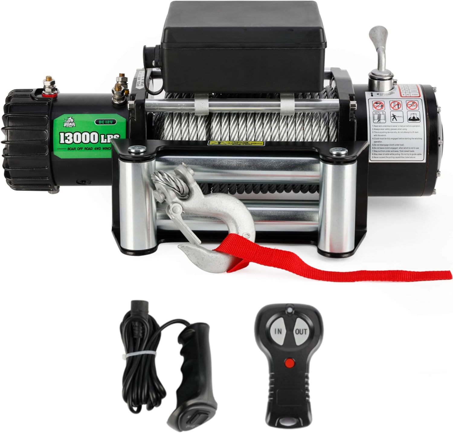 OFF ROAD BOAR 13000-lb. Load Capacity Electric Winch Kit, 12V Steel Cable Winch with Roller Fairlead, Waterproof IP67 Towing Winches with Both Wireless Handheld Remote and Corded Control