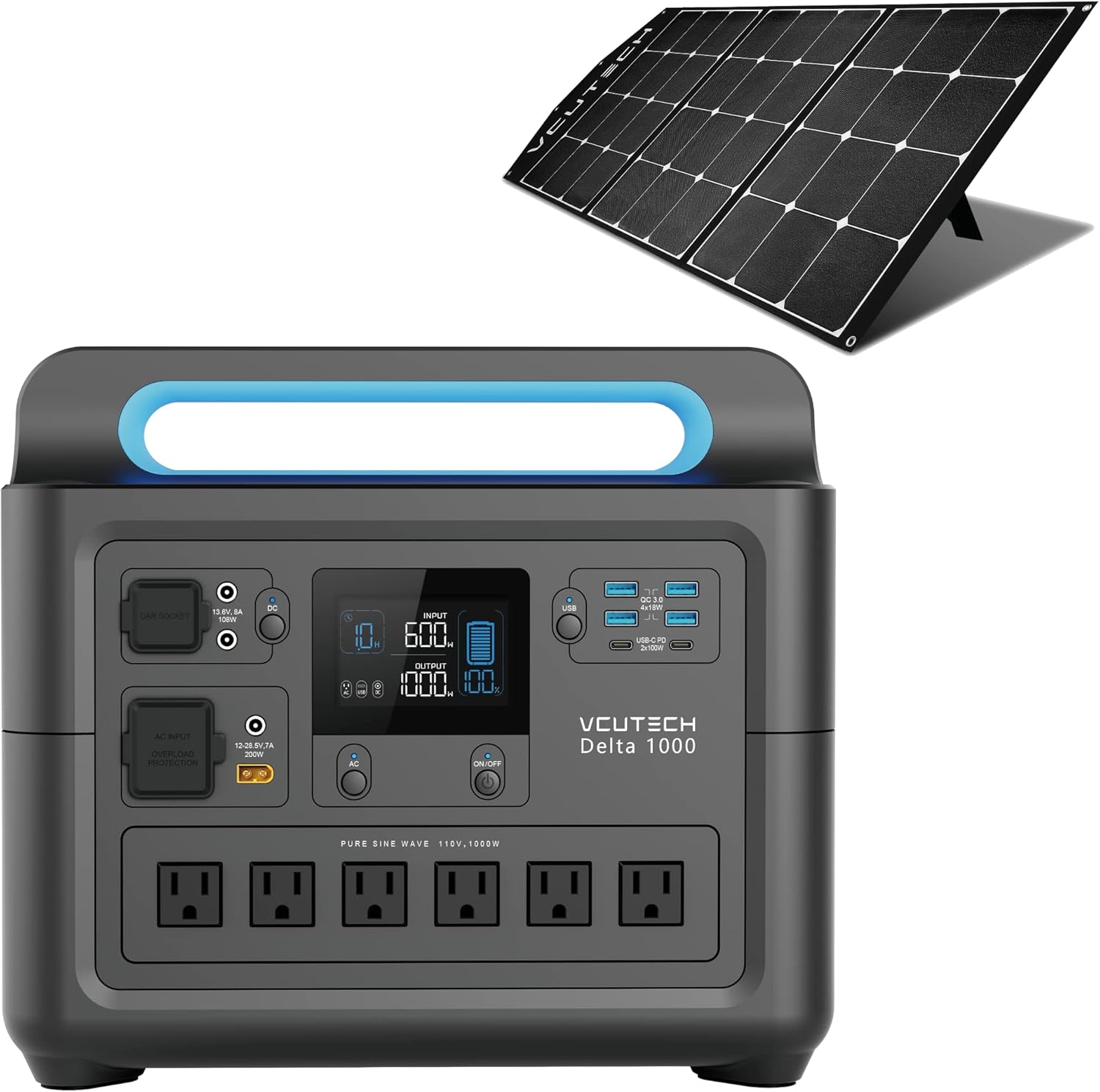 Portable Power Station 1000W, 1228WH Capacity LiFePO4 Battery, Support Up to 15 Device, Power Equipment, Solar Generator Charge 0-90% In 2 Hours, Backup Battery Power Supply Kit for Outdoors, Camping, Travel, Off-Grid, Emergency by VCUTECH