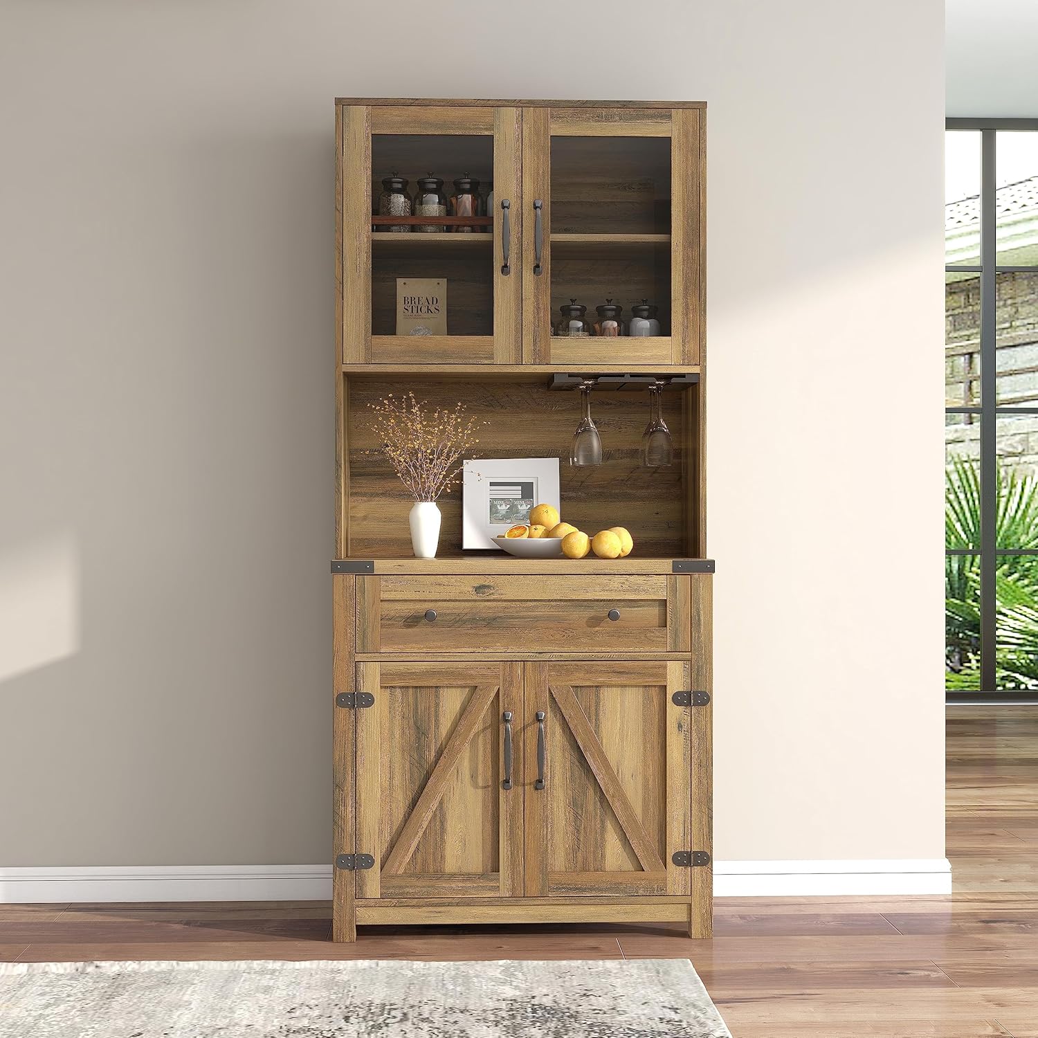 Farmhouse Bar Cabinet,Wooden Tall Wine Rack Kitchen Hutch Storage Cabinet Buffet Sideboard Cabinet Double Barn Door Accent Bar Cabinet with Goblet Holder for Home Kitchen,Dining Room
