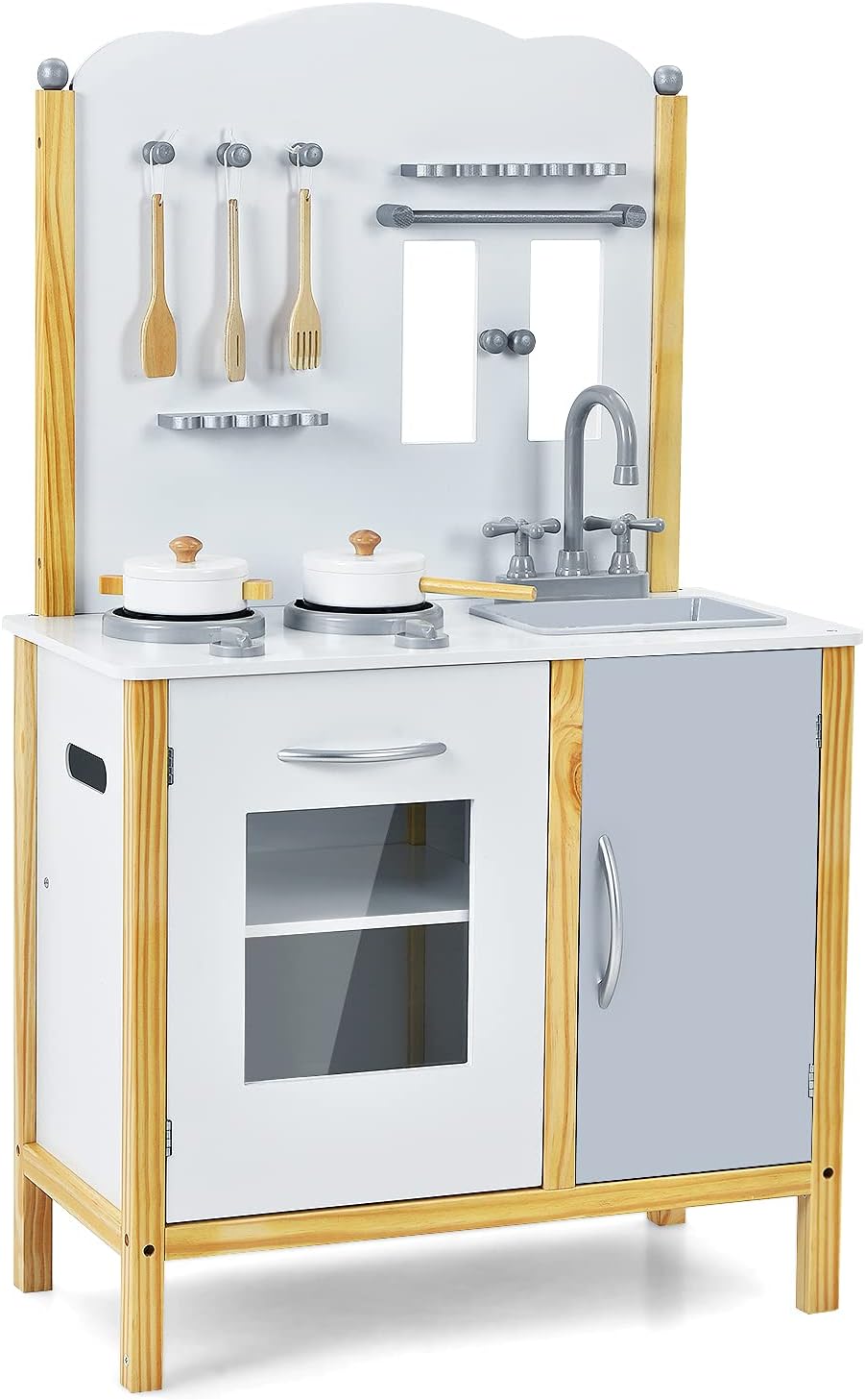 Costzon Kids Kitchen Playset, Toddlers Play Kitchen w/ Sink, Oven, Stove,Storage Cabinet, Chef Pretend Play Cooking Set for Kids Age 3-7, Realistic Wooden Cooking Toy Set for Girls Boys (White)