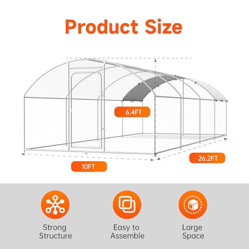 Large Metal Chicken Coop, Chicken Run Poultry Cage Hen with Water-Resident and Anti-UV Cover for Duck Rabbit House Outdoor Walk-in Chicken Pen for Yard, Dome Roof(10’ W x 19.7’ L x 6.4’ H)