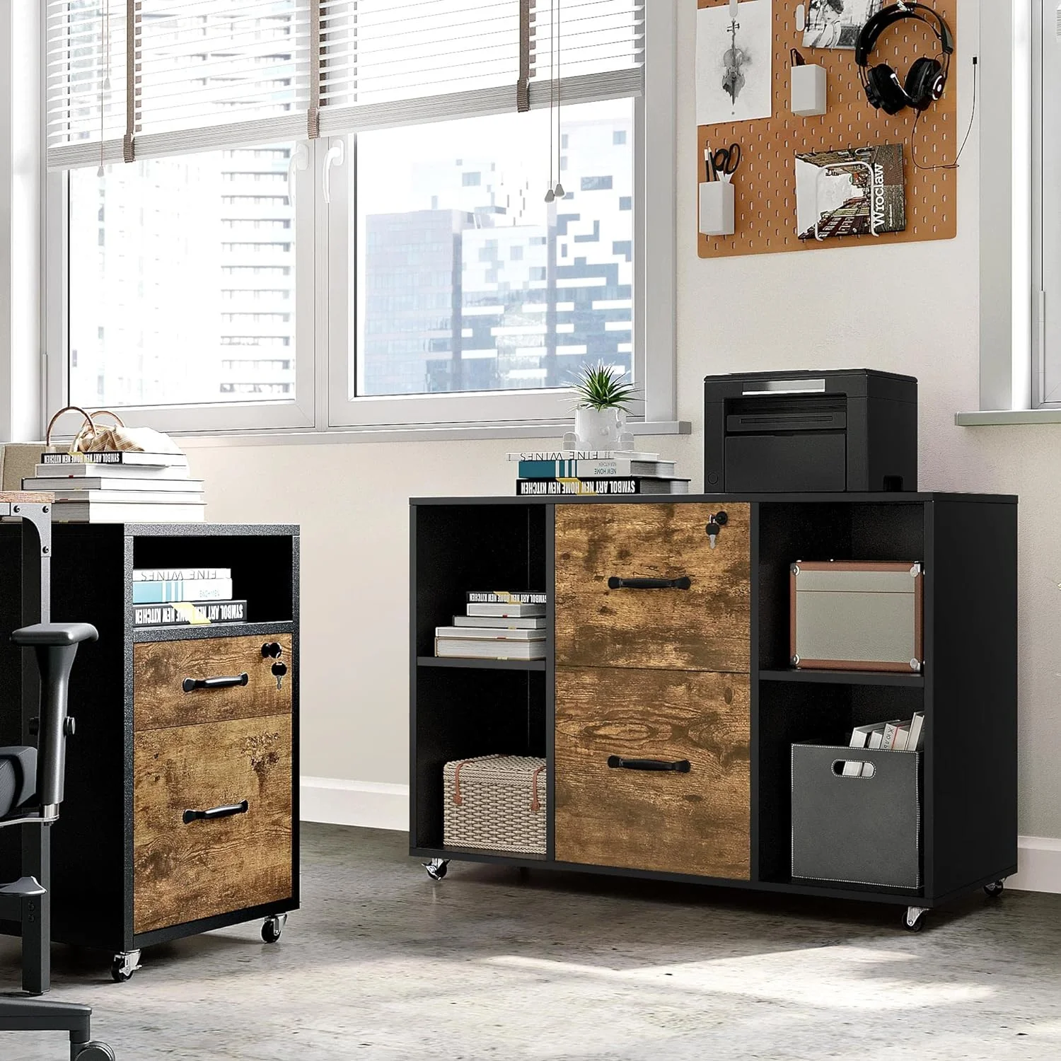 Black Filing Cabinet Large Mobile Storage Lateral Filing Cabinet with 2 Drawer and 4 Open Compartments,for Letter Size A4 Size, Printer Stand for Home Office, Black - Curated Treasures Market