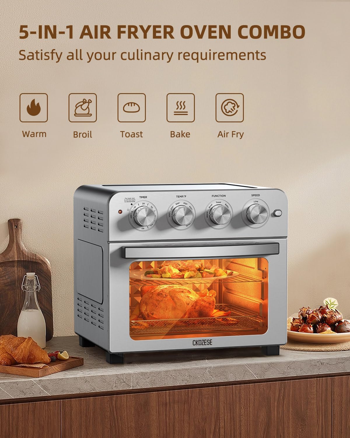 Air Fryer Toaster Oven Combo, 22QT Air Fryer Oven, 5-In-1 Toaster Oven Air Fryer Combo With Warm, Broil, Toast, Bake, Air Fry, Toaster Convection Oven Oil-Free, Stainless Steel Air Fryer