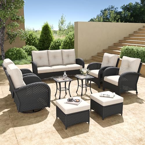 5 Pieces Wicker Patio Furniture Set, Luxury Outdoor Conversation Set with High Back Swivel Rocker Chairs