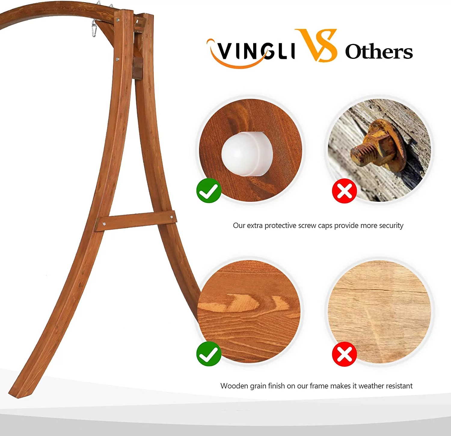 Heavy Duty Wooden Swing Frame for Adults Kids, Strong A-Frame Porch Swing Bench Stand for Indoor & Outdoor, Curved Arc Top Design, Supports Up to 660 LBS