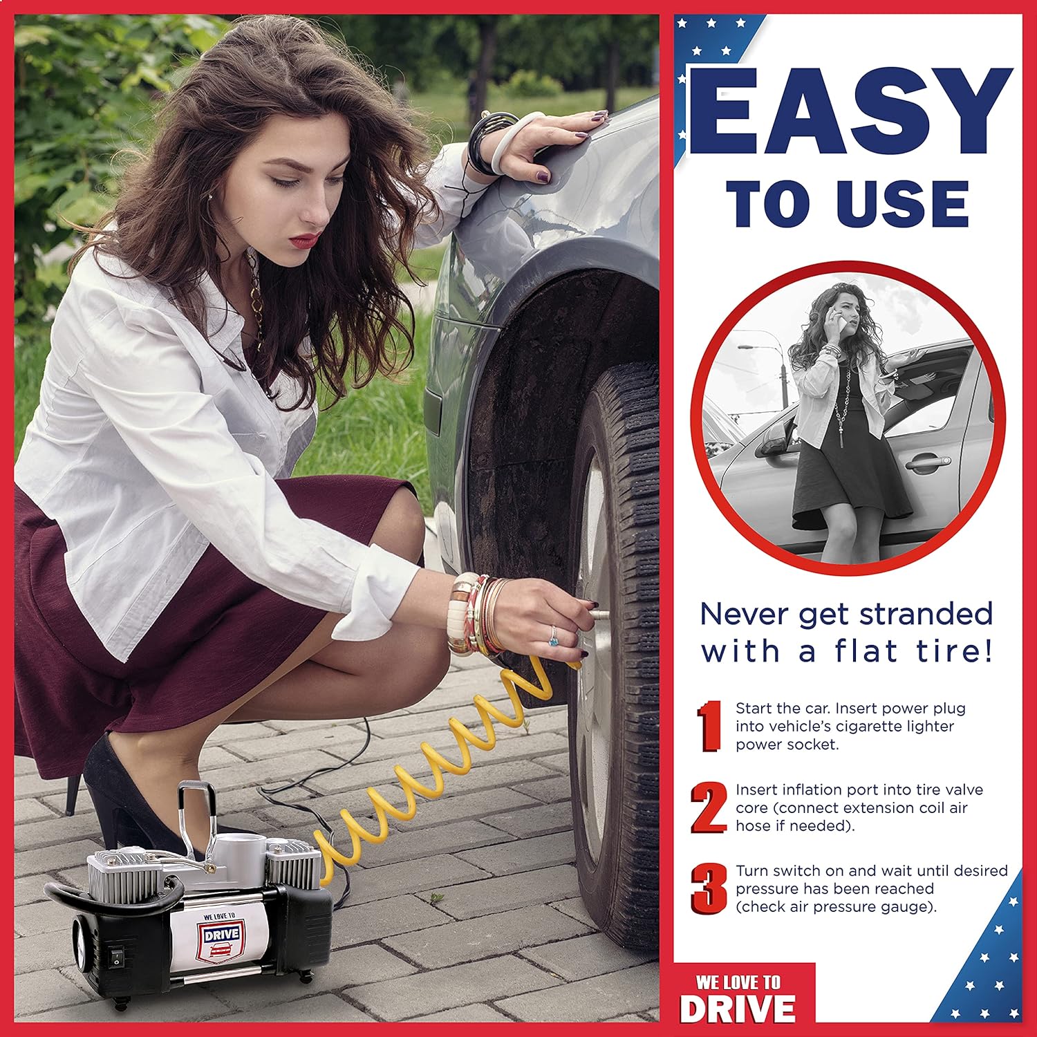 Air Pump and Tire Repair Kit �C 12V DC 150 PSI Portable Air Compressor & Car Emergency Kit with PSI Gauge, Adaptors, Hose, Car Plug, Clip Connectors, Tire Inflator & Tire Patch Kit by WE LOVE TO DRIVE