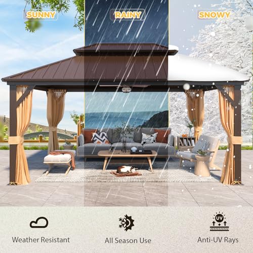 YOLENY 10' x 12' Hardtop Gazebo, Wood-Looking Gazebo with Galvanized Steel Double Roof, Aluminum Frame, Permanent Metal Pavilion with Netting and Curtains for Deck, Backyard, Patio and Lawns